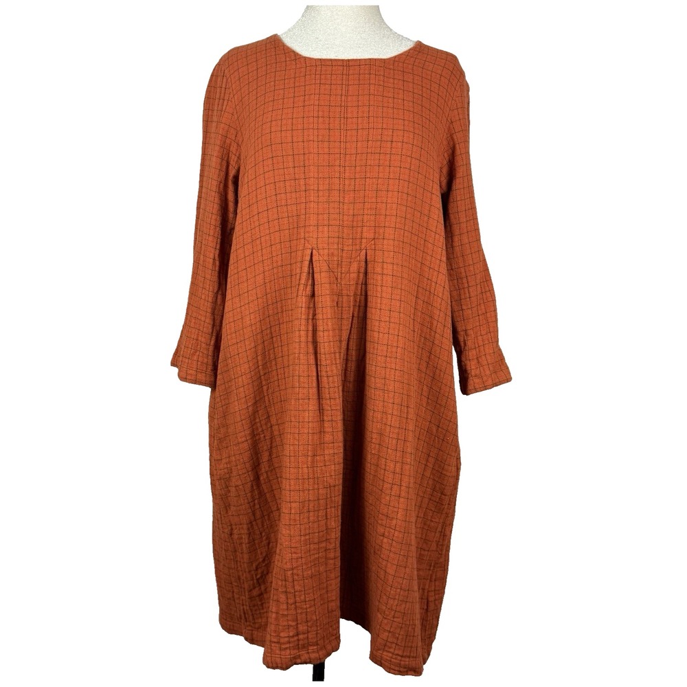 Gudrun Sjoden Dress Women L Rust Check Organic Cotton Midi Pocket Boho Lagenlook